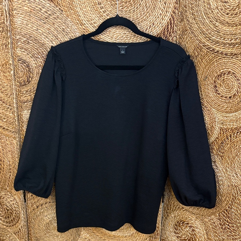 Ann Taylor Black Blouse 3/4 Puff Sleeves